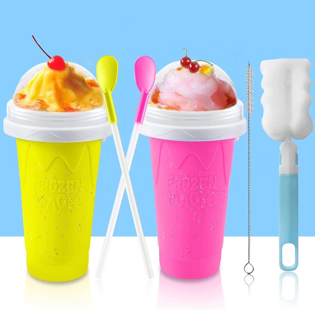 QwayHome 2PC Slushie Maker Cups, DIY Frozen Magic Slushy Cup, Double Layers Silica Smoothie Pinch Ice Cup, Quick Cooling Cups Homemade Milk Shake Ice Cream Maker (Yellow+Pink)
