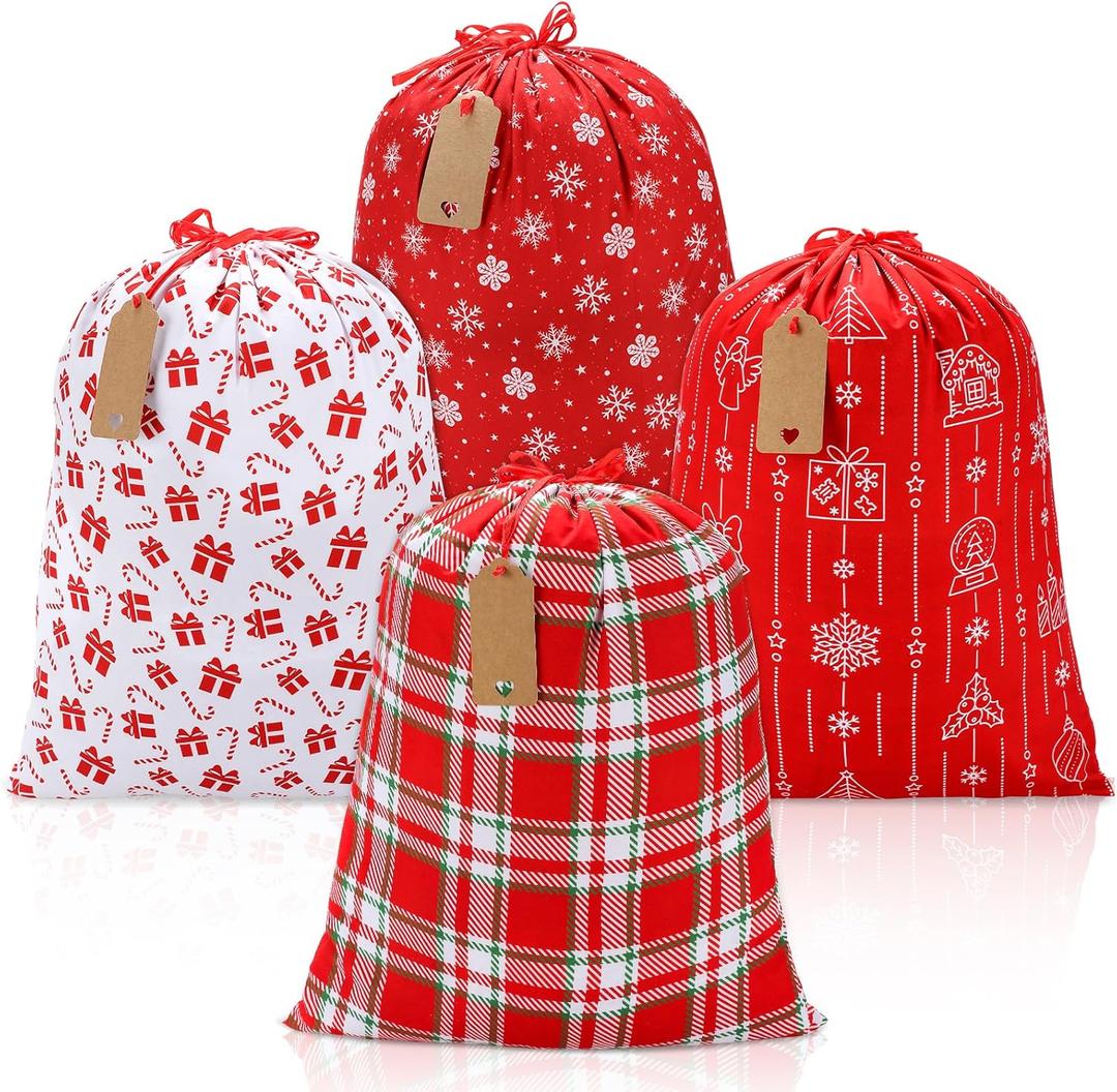 XPCARE 4P Christmas Gift Bags, 2016 inch Christmas Drawstring Gift Bags Xmas Polyester Bag Reusable Polyester Fabric Sacks for Event Xmas Party Supplies Favors