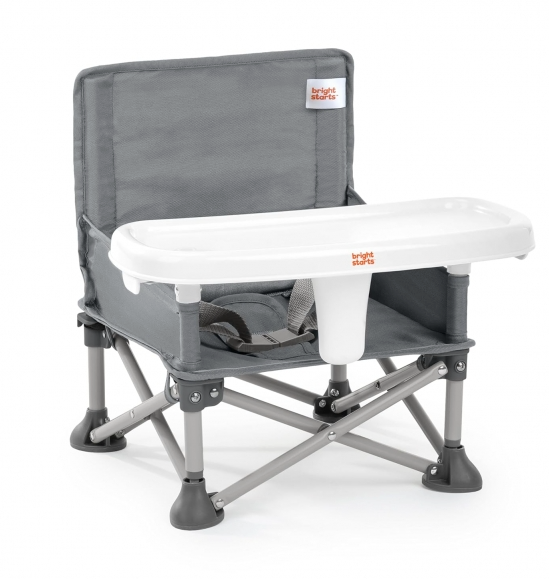 Bright Starts Pop 'N Sit Portable Booster, Indoor/Outdoor Use, Floor Seat with Feeding Tray, Grey, 6 Mos  3 Yrs