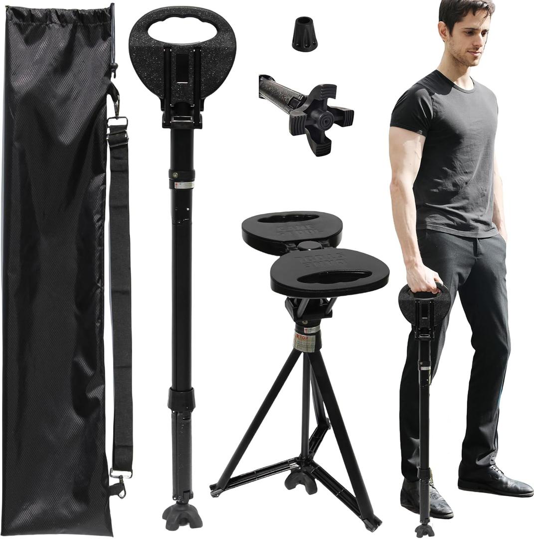 ALEVMOOM Folding Walking Cane with seat for Men & Women,2-in-1 Adjustable Portable Cane Chair,Walking Stick with Seat for Seniors & Adults,Crutches Stool with Carry Bag for Hiking Traveling (XXL-Black)