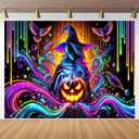BlissYard Halloween Blacklight Tapestry 78x59 Inch Witch Pumpkin UV Reactive Wall Hanging Spooky Scene Glow in Dark Backdrop October Festive Luminous Blacklight Tapestry Party Decor