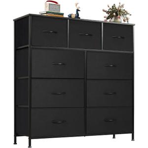 OLIXIS Dresser for Bedroom, 9 Storage Drawers, Wide Fabric Closet Chests Organizer Tower Furniture, TV Stand with Wooden Top Metal Frame for Clothes, Living Room, Hallway, Entryway, Black