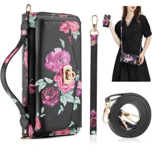 Crossbody Wallet Case for iPhone 16 Pro Max, Magnetic Detachable Floral PU Leather Phone Case with RFID Blocking Card Holder Wristlet Mirror Flip Zipper Shoulder Purse for Women - Black F