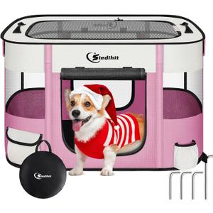 Dog Cat Playpen, Pet Puppy Portable Playpens for Outdoor Travel Crate, Indoor After Surgery Use, Foldable Dog Kennel Tent for Rabbit or Small Animals and Tent Stakes (Pink, Medium)