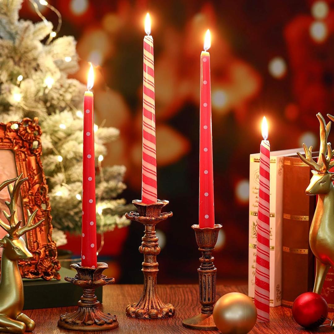 Lounsweer 12 Pcs Christmas Taper Candles 10 Inch Red White Striped Polka Dot Unscented Smokeless Dripless Christmas Candlesticks Gift for Winter Xmas Table Centerpieces Decoration Dinner