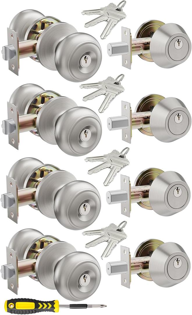 4 Set All Keyed Same Entry Door Knobs and Single Cylinder Deadbolt Combo Set for Entrance and Front Door, Keyed Alike Exterior Door Lock Set with Keys, Satin Nickel Deadbolt Lock and Door Knob Set