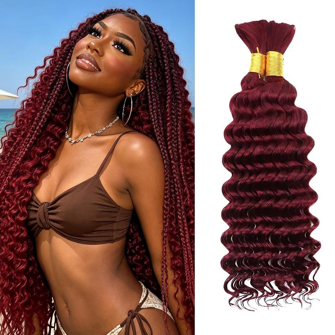 Human Braiding Hair for Boho Braids 2 Bundles Deep Wave Bulk Human Hair Braiding 99J Burgundy 100g/Pack 24 Inch Brazilian Virgin Human Hair No Weft Curly Extensions for Braid