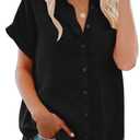 Women's Button Down Casual Shirts Cotton Short Sleeve Blouses Solid Summer Tops with Pocket (Large, Black)