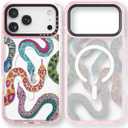 for iPhone 17 Pro Case Cute - Compatible with Magsafe - Durable Shockproof 6.6 ft Drop Impact Phone Case - Funny Snake Design (6.3") Glitter Pink