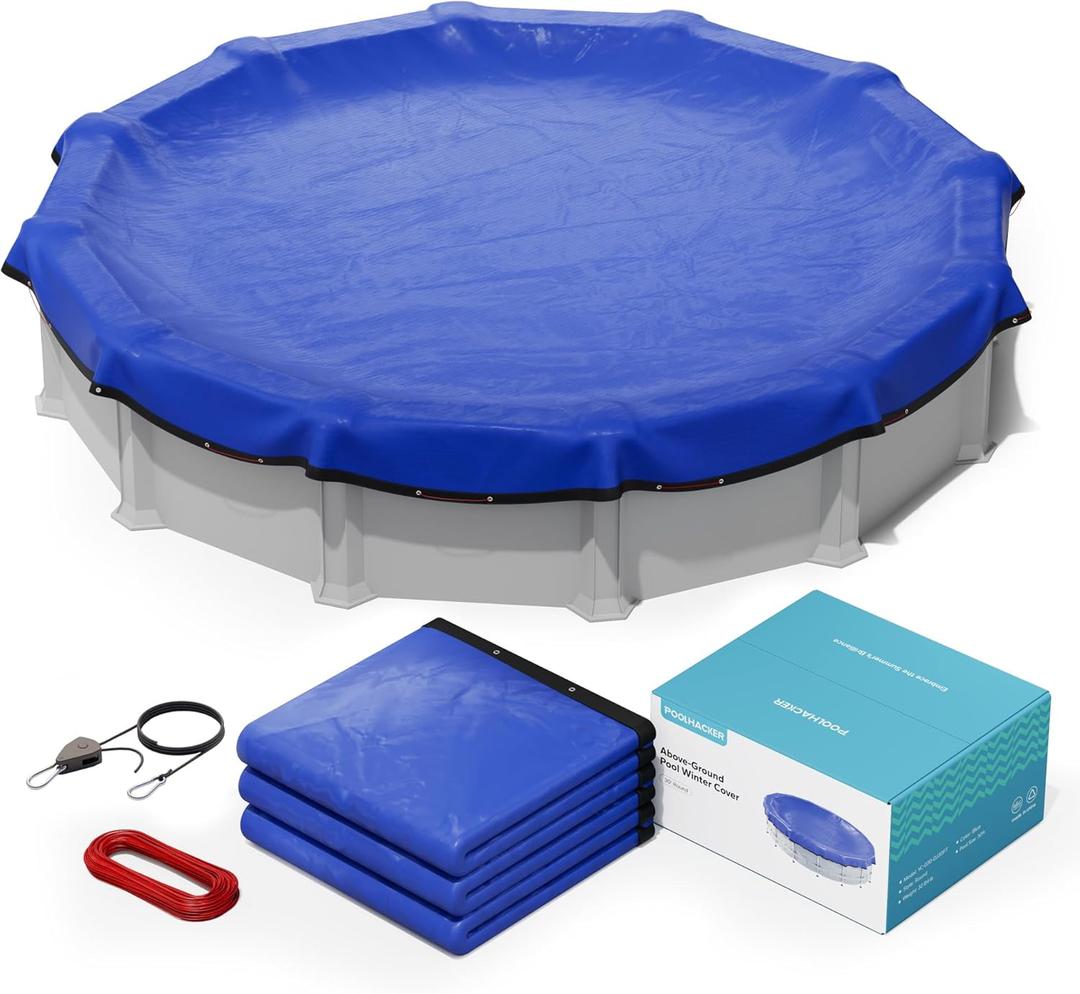 POOLHACKER 2025 Upgrade 30 ft Round Winter Pool Cover - 30ft Round Above Ground, 4 Foot Overlap Extra Thick 420D Pool Cover with Pulley and Cable (Blue)