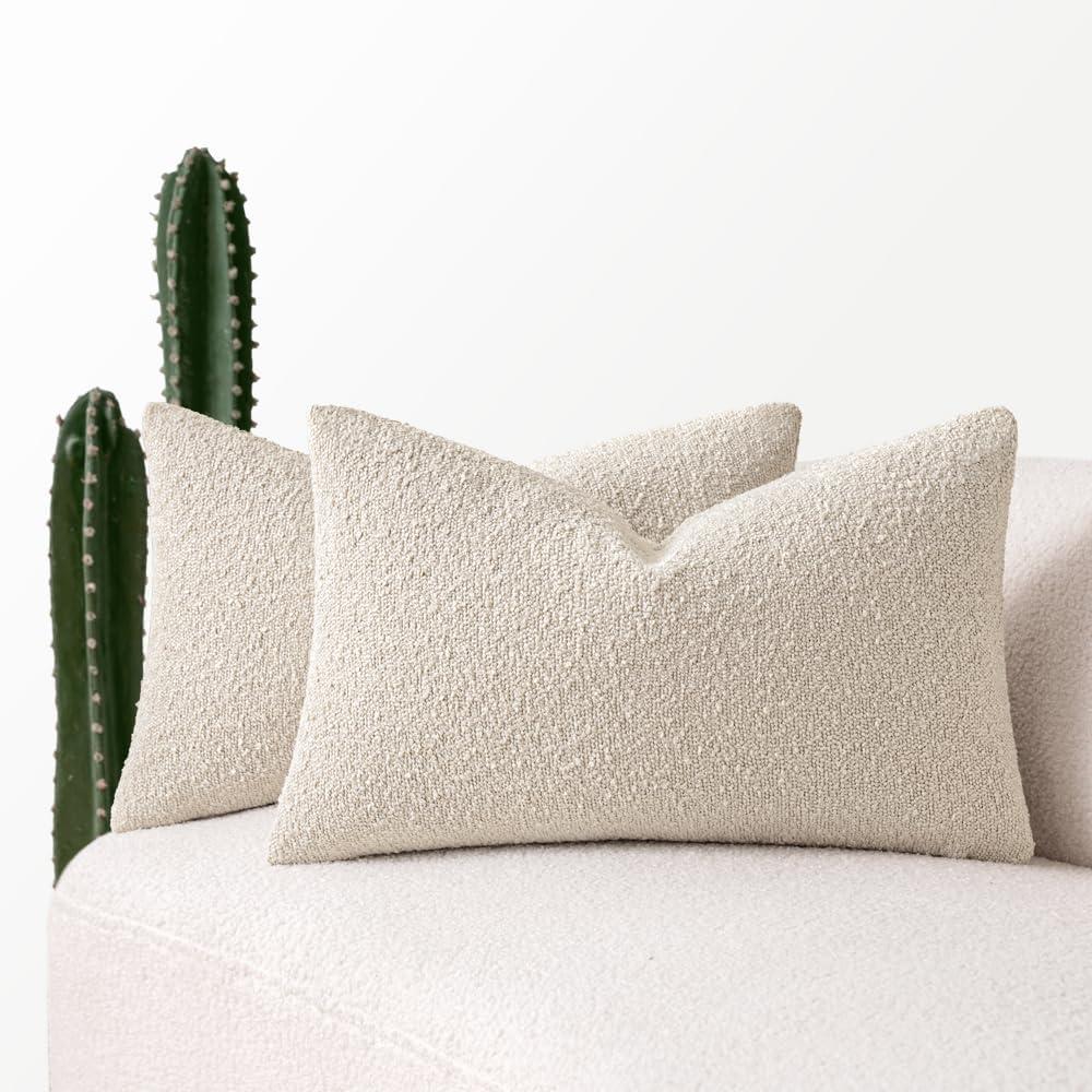 MIULEE 12x20 Inch Christmas Decorative Lumbar Throw Pillows for Bed Set of 2 Textured Boucle Neutral Winter Throw Pillow Covers Natural Beige Accent Solid Couch Pillowcases Sofa Livingroom Home Decor
