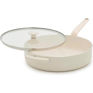 GreenPan Rio Advanced 5QT Saute Pan With Tempered Glass Lid, 5QT Ceramic Nonstick pan with Helper Handle, PFAS-Free, Induction Ready, Dishwasher and Oven Safe, Cream White