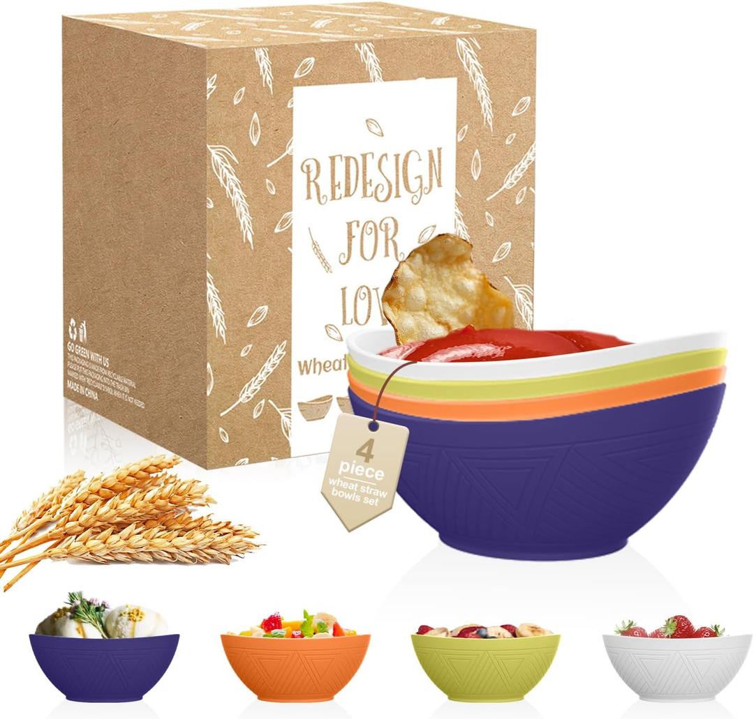 Dessert Bowls 10 oz - 5 Inch Wheat Straw Bowl Alternative to Plastic Bowls Reusable Unbreakable Small Bowls for Snack Soy Sauce Dish Microwave & Dishwasher Safe Bowl Set 4 PCS - Memphis
