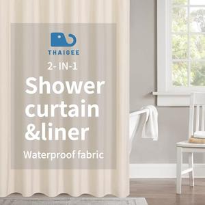 THAIGEE 2-in-1 Waterproof Fabric Shower Curtain or Liner,Linen Textured,Breathable TPU & Washable Bathroom Shower Curtain Set with 12 Plastic Hooks,Modern,71x74 Cream