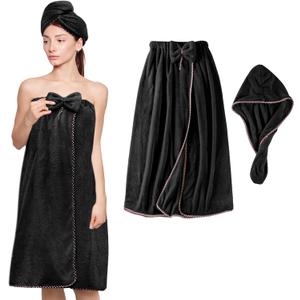 KOIKEY Women Bath Towel Wrap - Adjustable Soft Microfiber Shower After Body Wraps with Hair Drying Towel Absorbent & Quick Drying for Gym Shower, Beach, Spa, Sauna, Black
