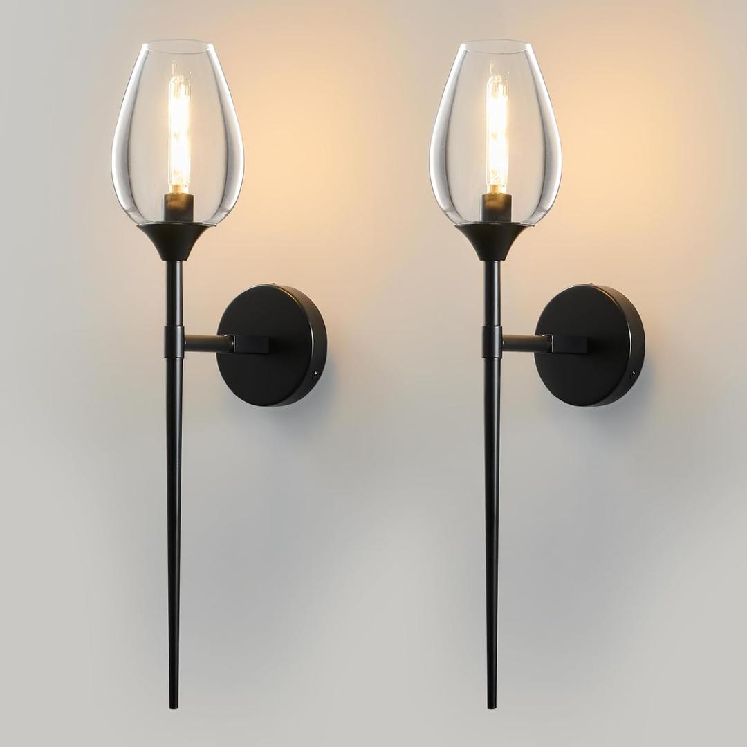 Black Glass Wall Sconce Light: Modern Decorative Sconces Lights over Mirror - Brushed Brass Bathroom Vanity Lighting with Flower Shade Set of 2 - Indoor Glass Wall Mount Lamp for Bedroom Living Room, 2 Pack