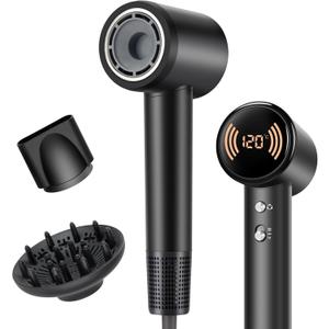 Hair Dryer,Travel Hair Dryer with Diffuser,110000 RPM High Speed Ionic Blow Dryer,Temperature Display,Low Noise&Lightweight Blow Dryer,Fast-Drying,No Heat Damage,Suitable for All Hairstyles(Black)