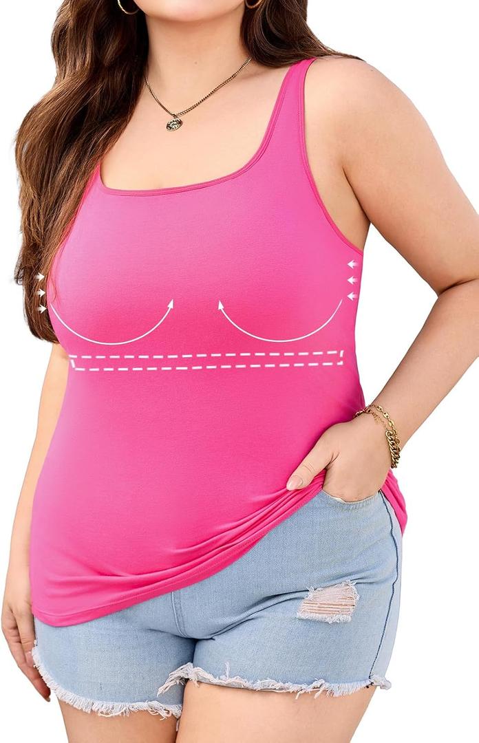 V FOR CITY Plus Size Tank Tops for Women Built in Bra Tank with Adjustable Strap Scoop Neck Cotton Camisole Tops 2X Hot Pink