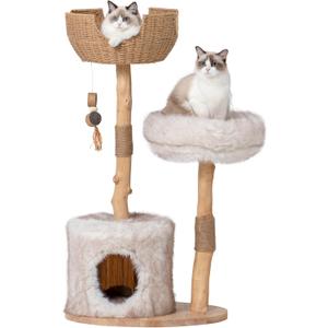 PEGIC Cat Tree Tower for Cats with Two Real Branches, 44 Inch Wood Modern Cat Tower with Luxury Cat Condo, Cat Scratching Post, Jumping Platforms, Cat Furniture (Long Plush)