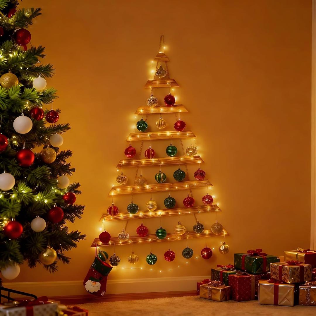44" Wall Hanging Christmas Tree with Remote LED Lights and 36 Ornaments, Lighted Wood Christmas Tree for Living Room, Bedroom Holiday Wall Decor