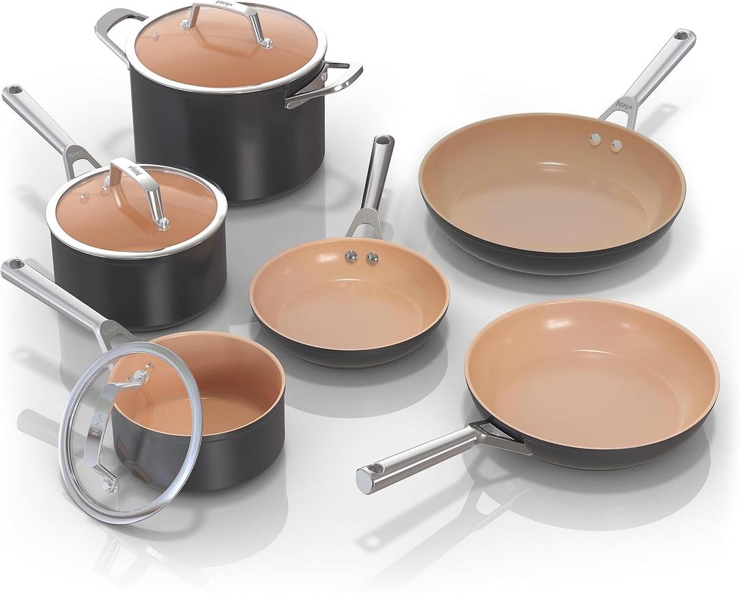 Ninja Pots and Pans Set Non Stick | Extended Life Premium Ceramic Cookware Set | 9-Piece Nonstick | PTFE Free | Oven Safe to 550F | Induction Compatible | Frying Pan x3 | Cooking Pot x3 | CW99009