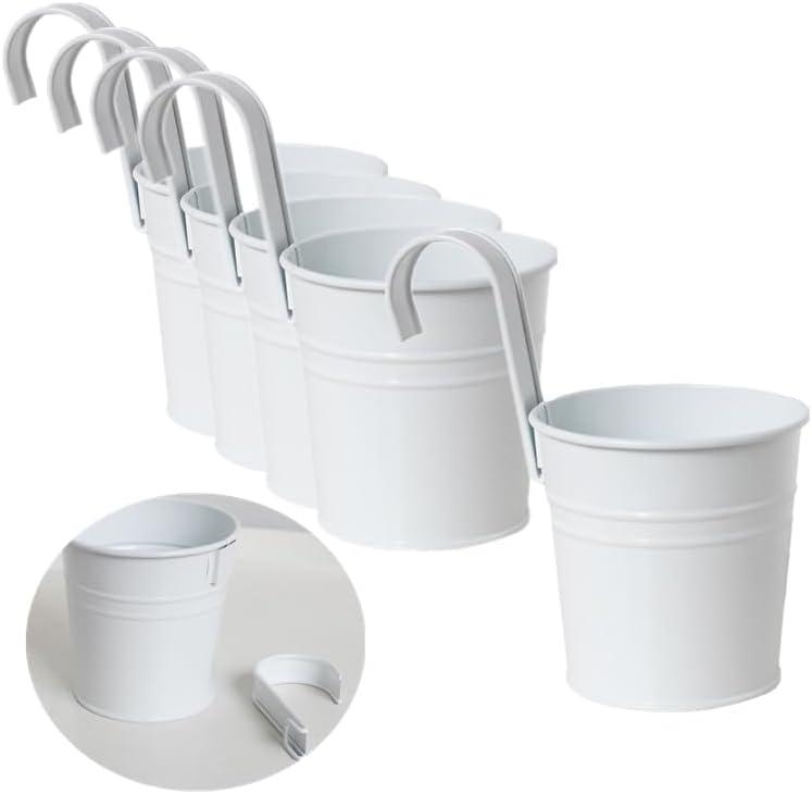 Leoyoubei Hanging Flower Pots for Outdoor Indoor Plants with Removable Hooks -5 Pack Metal Buckets Hanging Planters Wall Fence Home Decor-Storage Box,Drainage Holes -5''Diameter (White)