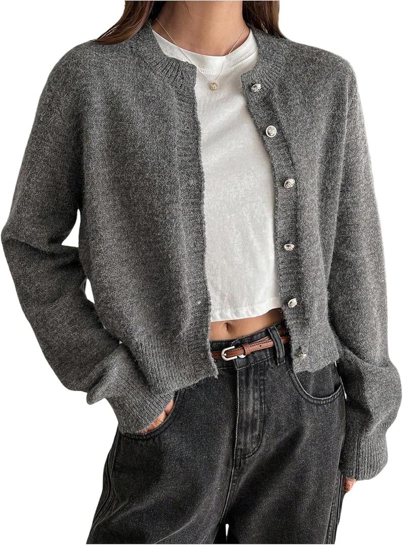 Milumia Women's Cropped Cardigan Button Down Crewneck Long Sleeve Knit Fall Sweater Jackets (M)