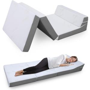 Foldable Mattress with Pillow- 4 Inch Memory Foam Tri-fold for Adults&Kids- Portable Folding Floor Tent, Camper, RV Travel, Guest (Cot, Grey)