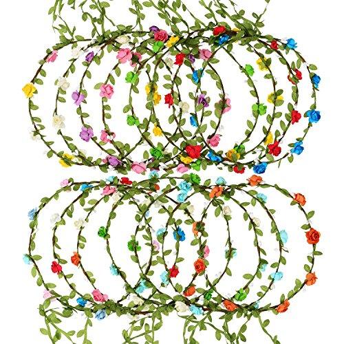 EBOOT 15 Pieces Assorted Colored Flower Crown Wreath Headband Garland Multicolor Headbands Floral Headpiece for Wedding Festival Vacation Fairy Party Photography Props