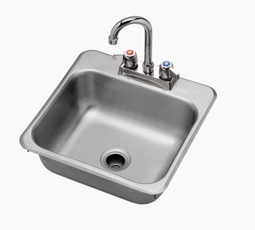 FSE 373-KR-HS-1515 One Compartment Drop-In Hand Sink, Stainless Steel Sink with 4" Center Deck Mount Faucet, 12" x 10" x 5-3/16" Deep Bowl, and 1-1/2" Drain, 15"W x 15"D Overall Size