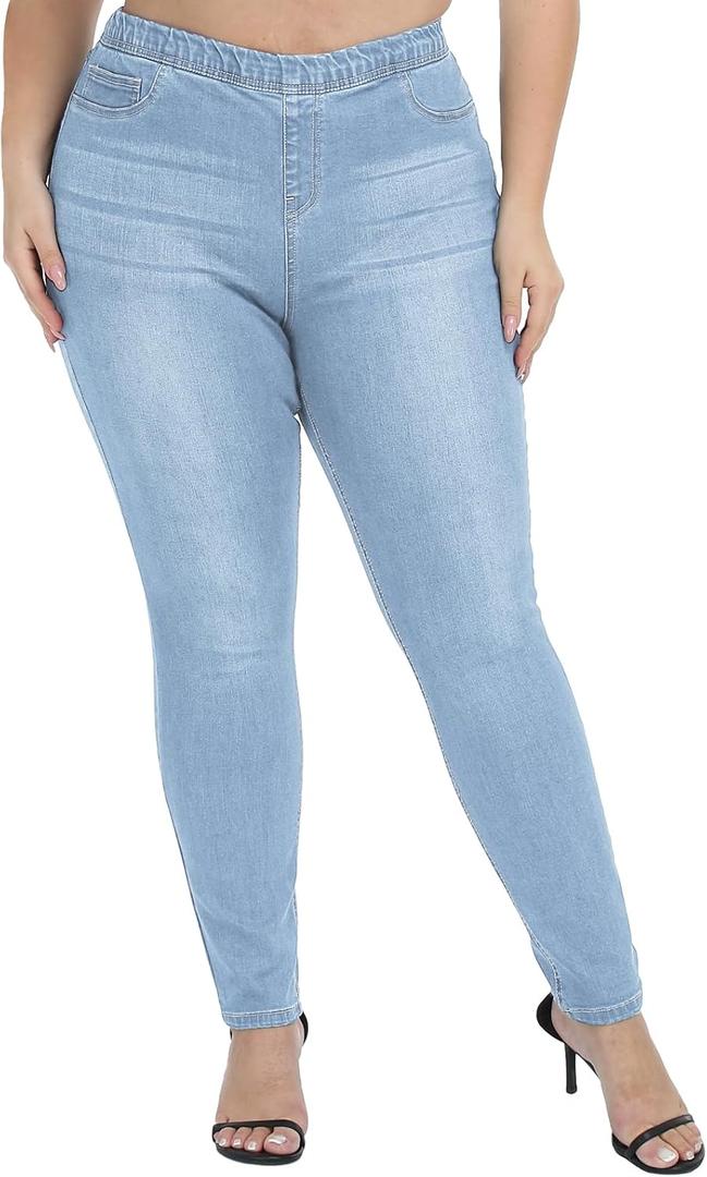 LICTZNEE Jeggings for Women High Waist, Stretchy Jeans Slim Fit Leg Pull on Jean with Pockets, Soft Breathable Cotton Blend (1X, Light Blue)