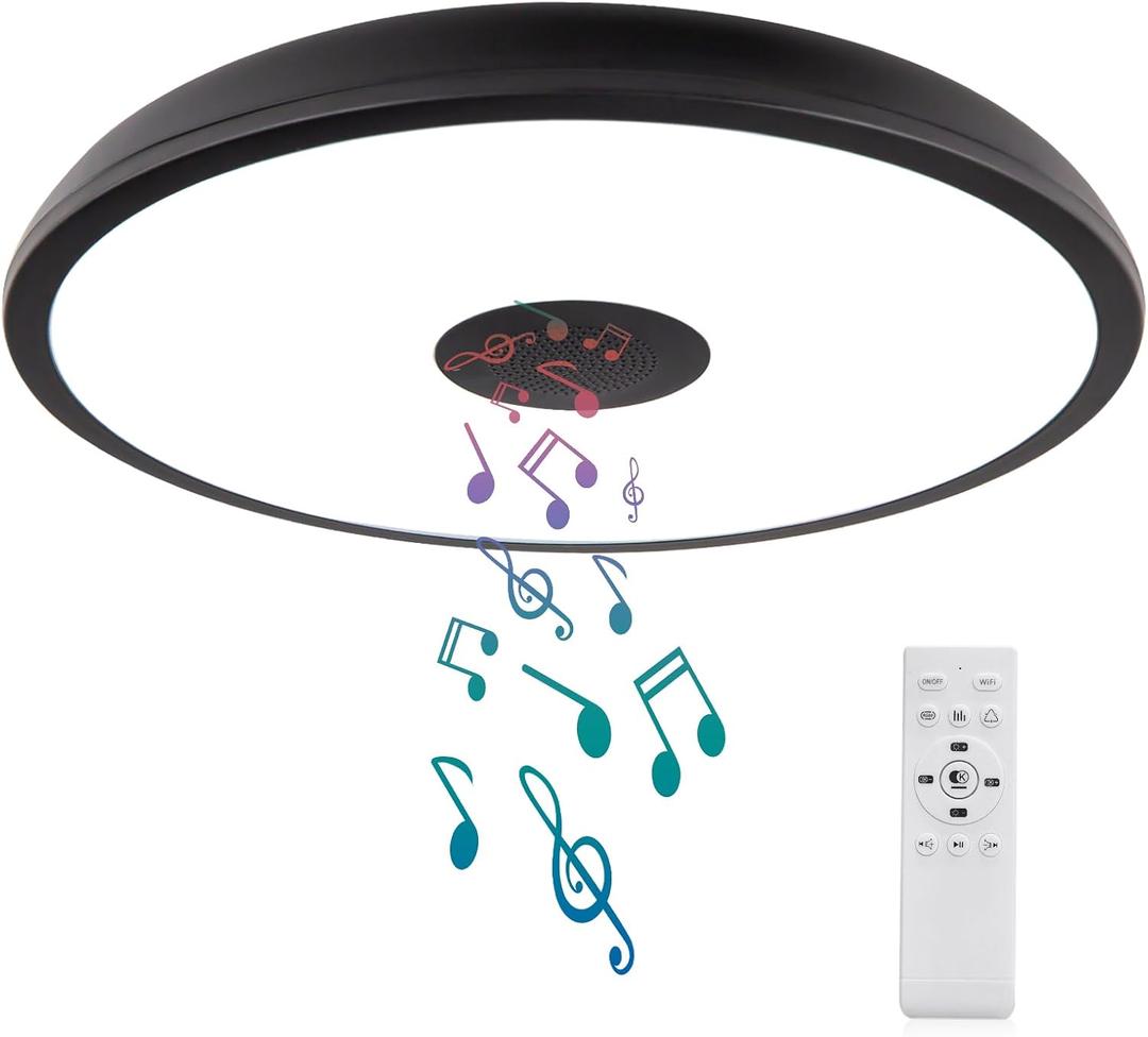 Black Waterproof LED Flush Mount Ceiling Light Fixture,with Bluetooth Speaker,11 Inch,18 watt,Dimmable Music Lamp,RGB Color Changing Light with Remote Control,for Bathroom,Shower,Bedroom (11 inches, Black-Dimming Function+Bluetooth)