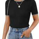 ZESICA Women's Summer Short Sleeve Ribbed Knit Slim Fit T Shirt 2026 Crewneck Basic Casual Color Block Tee Tops (X-Large, Dim)