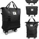 ISOKE Foldable Travel Duffel Bag - TSA Approved - With Wheels & Shoe Compartment - Weekender Bags for Women - Carry On Overnight Bag - Black - 16"×10"×24"