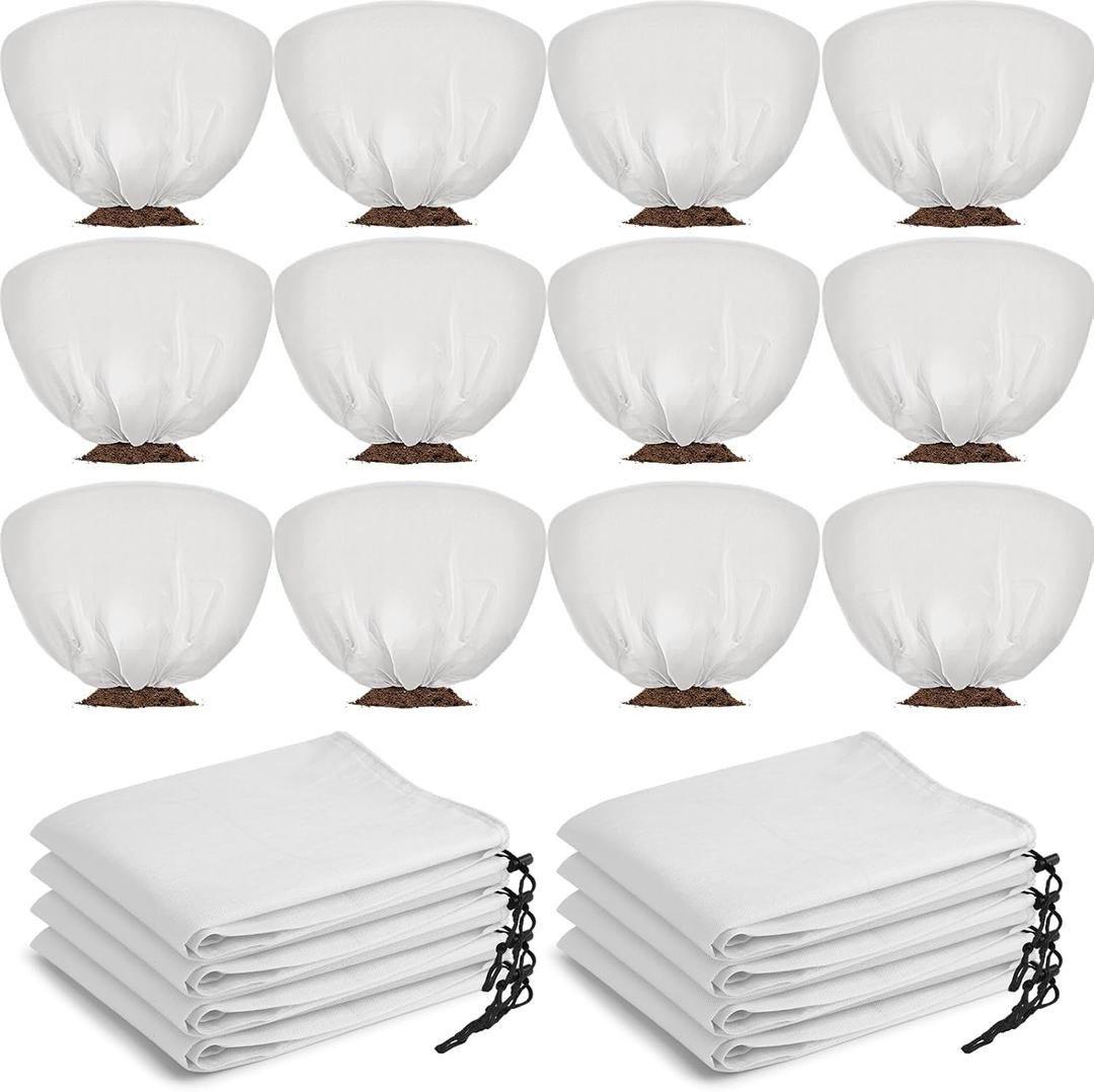 12 Pcs Winter Plant Covers Freeze Protection 39.4x23.6 Inch Horizontal Shrub Tree Rose Plant Protection Bags Frost Blanket with Drawstring for Fall Winter Outdoor Garden Planting (White)