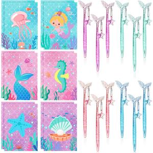 Teling 24 Pcs Mermaid Pen and Notepad 5 Inches 12 Cute Notepads 12 Black Ink Pen for Birthday Decorations, Party Favors, Kids Girls School Supplies