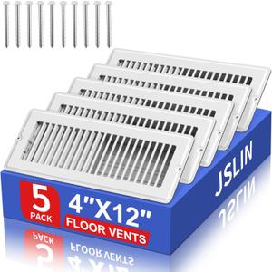 4x12 Floor Regsiter - 5 Pack Vent Covers for Home Floor Wall Ceiling - White with Screws for Easy Installation - Heavy Duty Steel Walkable Finish for Quiet Adjustable Airflow HVAC Register Grilles