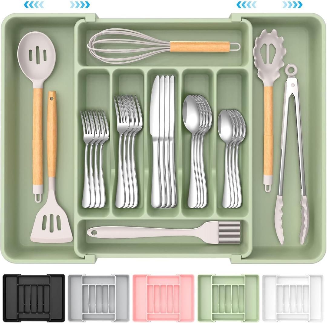 Extra Large Expandable Silverware Organizer, BPA-Free Food-Safe Cutlery Flatware Organizer, Kitchen Utensil Drawer Organizer, Adjustable Silverware Holder for Spoons Forks Knives, Green