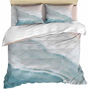 Queen Duvet Cover Set - Summer Beach 4 Pcs Comforter Cover Set, Aqua Sea Waves Coastal Bedding Sets with Zipper Closure, Ocean Nautical Seaside Microfiber Bed Sheet Soft Quilt Cover 2 Pillow Shams