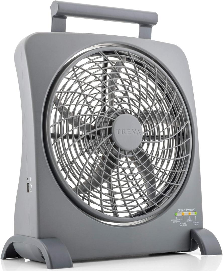 O2COOL Treva 10 inch Rechargeable Portable Fan Smart Power Air Circulator. Plug-In AC Adapter and Battery Powered, USB Charging Port, For Camping Travel and Indoors Use