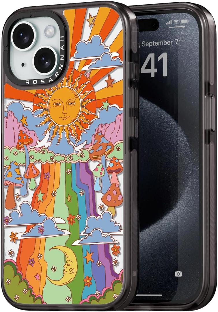 Compatible for iPhone 15 Case Cute Aesthetic - Durable Shockproof 6.6 ft Drop Impact Phone Case Cover with Funny Fashion Mushroom 6.1" Black