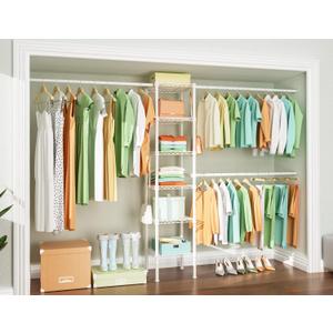 Ulif M1 Closet Storage Organizer System, 6 Tiers Heavy Duty Metal Garment Rack with 3 Expandable Hanger Rods, Wall Mounted Space Saver Suits from 5.4-8.7 ft. Width, 71.2H x 14D, 700LBS, White