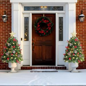 33 Inch Outdoor Christmas Tree Frosted Urn Filler 2 Set, Pre-lit Artificial Xmas Tree with 50 LED Lights, Realistic Carolina Pine and Berries for Pathway, Porch, Driveway, Yard