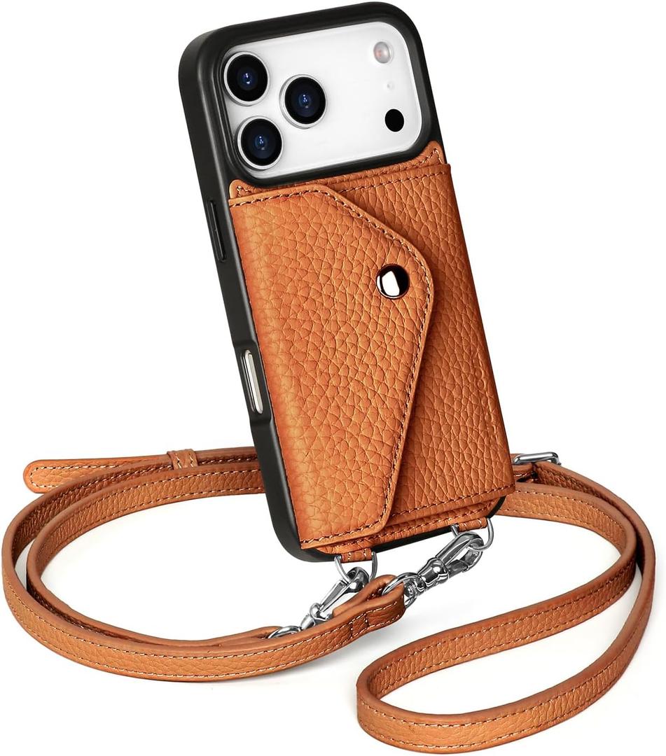 LUCKYCOIN Crossbody Wallet Phone Case for iPhone 17 Pro,100% Genuine Leather Wallet Phone Case with Expandable Flip Card Holder,Phone Purse for Women with Adjustable Removable Strap - Pebble Brown