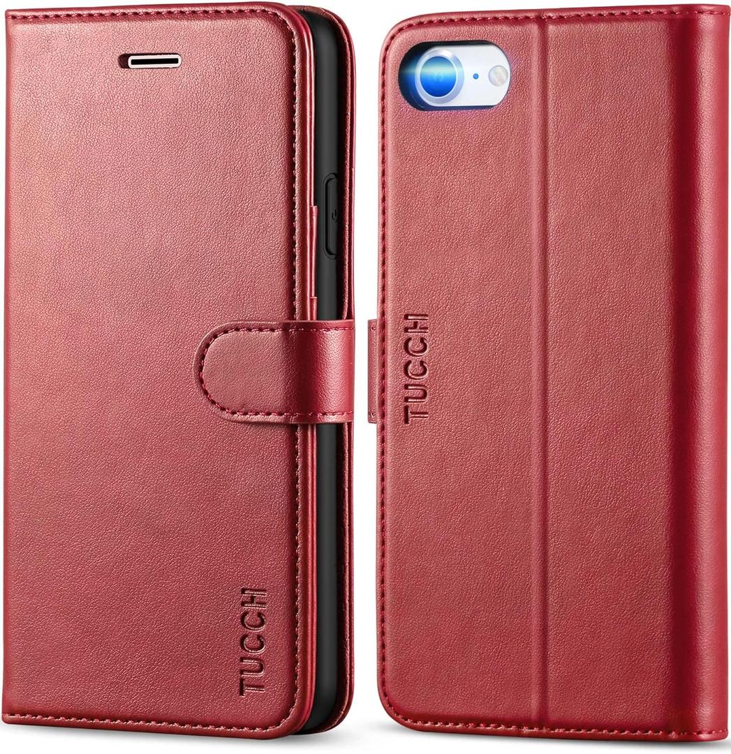 TUCCH Wallet Case for iPhone SE 2022/SE 2020/iPhone 8/7, PU Leather Folio Stand Card Slot Magnetic Closure Flip Cover [TPU Interior Case] Compatible with iPhone SE3/SE2/8/7, Dark Red
