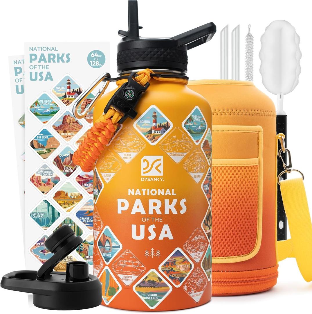 National Parks Water Bottle  64 oz Insulated Stainless Steel Bottle with 63 Hand-Drawn Park Stickers, Carrier Bag, Strap & Gift Box  BPA-Free  Ideal for Hiking, Camping & Travel (Gradient Orange Park)
