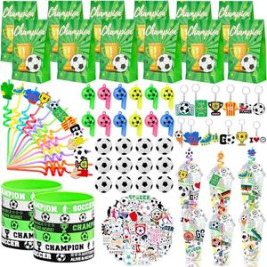 Japior 208Pcs Soccer Party Favors Party Supplies Contains Soccer Goodie Bags Cups Straw Stickers Mini Soccer Silicone Bracelets Keychains Thank You Tags Ideal Soccer Birthday Party Supplies for Team