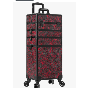 Profesional Rolling Makeup Train Case with Lid, 5 in 1 Cosmetology Case on Wheels, Large Cosmetic Trolley Organizer Travel for Hairstylist Artist Nail Beauty Salon Barber, Red