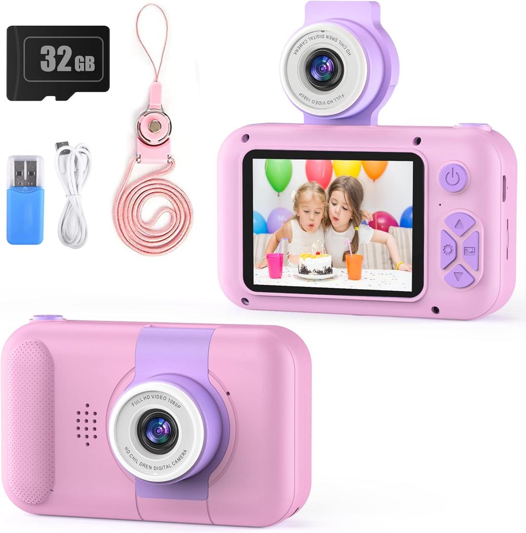 Kids Camera with 180 Flip-up Lens for Selfie & Video, HD Digital Video Cameras for Toddler with 32GB SD Card, Ideal for 3-8 Years Old Girls Boys on Birthday Christmas Party as Gift