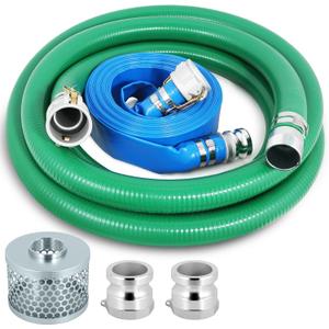 Heavy Duty 2" x 50' Blue PVC Discharge Hose & 2" x 20' Green PVC Suction Hose Pump Kit, Backwash Hose with Aluminum Camlock Fittings, Steel Round Strainer, Cam & Groove Adapter
